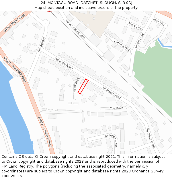 24, MONTAGU ROAD, DATCHET, SLOUGH, SL3 9DJ: Location map and indicative extent of plot