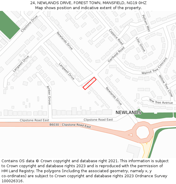 24, NEWLANDS DRIVE, FOREST TOWN, MANSFIELD, NG19 0HZ: Location map and indicative extent of plot