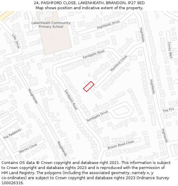 24, PASHFORD CLOSE, LAKENHEATH, BRANDON, IP27 9ED: Location map and indicative extent of plot