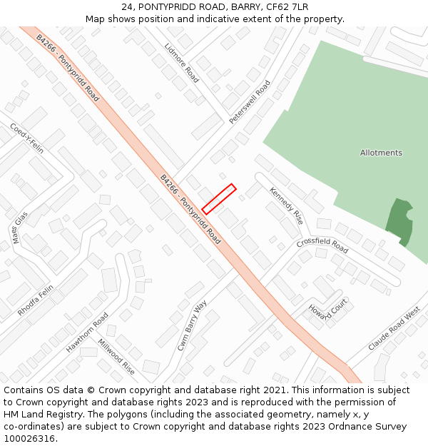 24, PONTYPRIDD ROAD, BARRY, CF62 7LR: Location map and indicative extent of plot