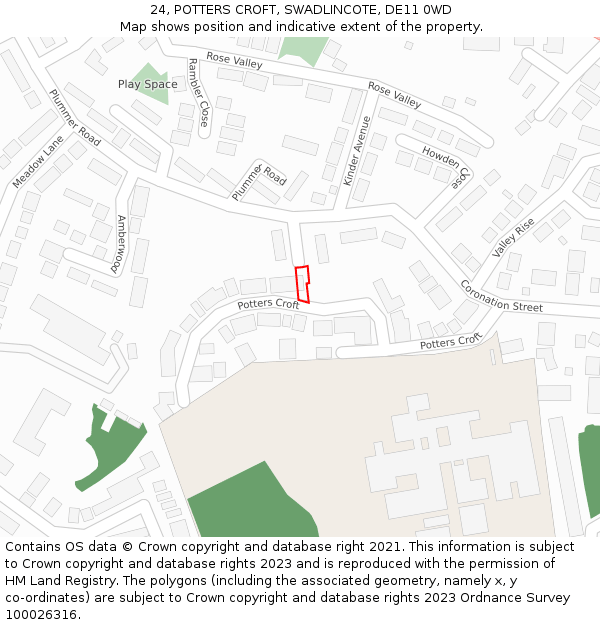 24, POTTERS CROFT, SWADLINCOTE, DE11 0WD: Location map and indicative extent of plot