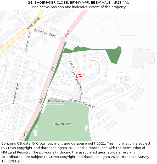 24, SHOEMAKER CLOSE, BRYNMAWR, EBBW VALE, NP23 4AU: Location map and indicative extent of plot