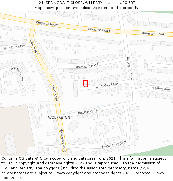 24, SPRINGDALE CLOSE, WILLERBY, HULL, HU10 6RE: Location map and indicative extent of plot