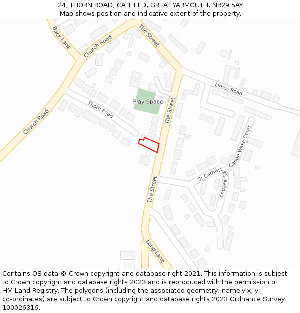 24, THORN ROAD, CATFIELD, GREAT YARMOUTH, NR29 5AY: Location map and indicative extent of plot