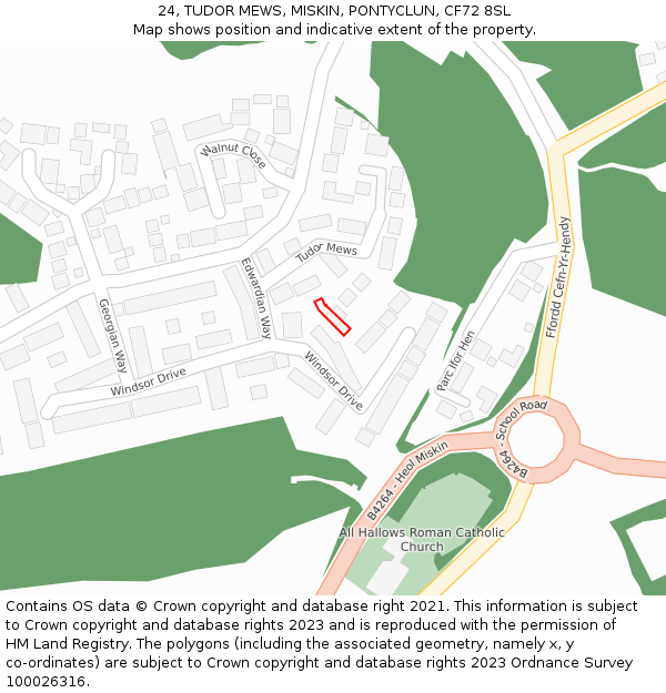 24, TUDOR MEWS, MISKIN, PONTYCLUN, CF72 8SL: Location map and indicative extent of plot