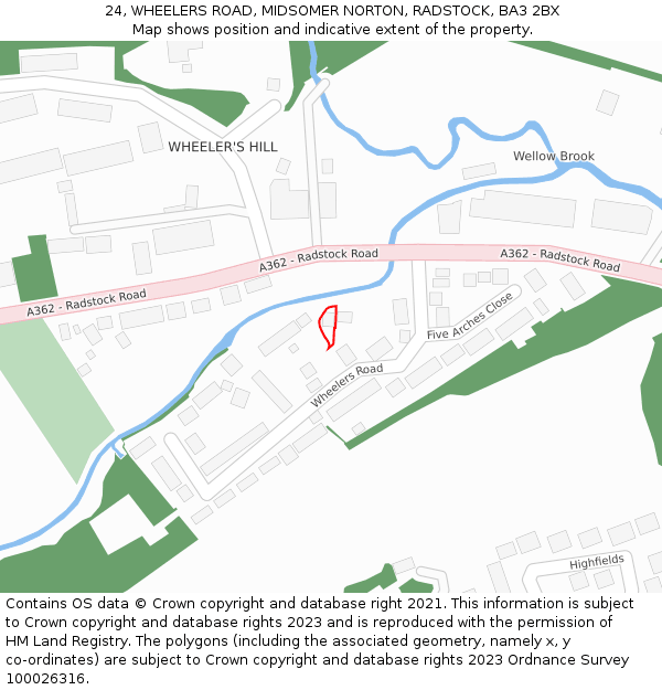 24, WHEELERS ROAD, MIDSOMER NORTON, RADSTOCK, BA3 2BX: Location map and indicative extent of plot