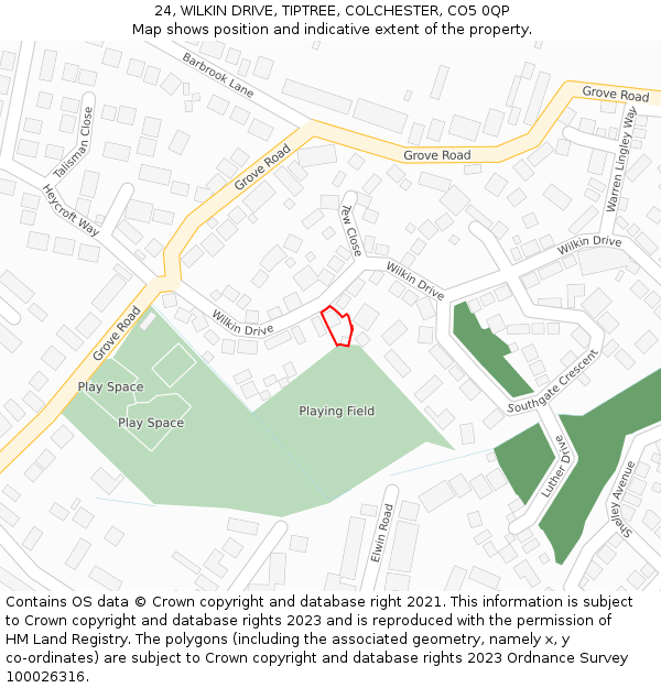 24, WILKIN DRIVE, TIPTREE, COLCHESTER, CO5 0QP: Location map and indicative extent of plot