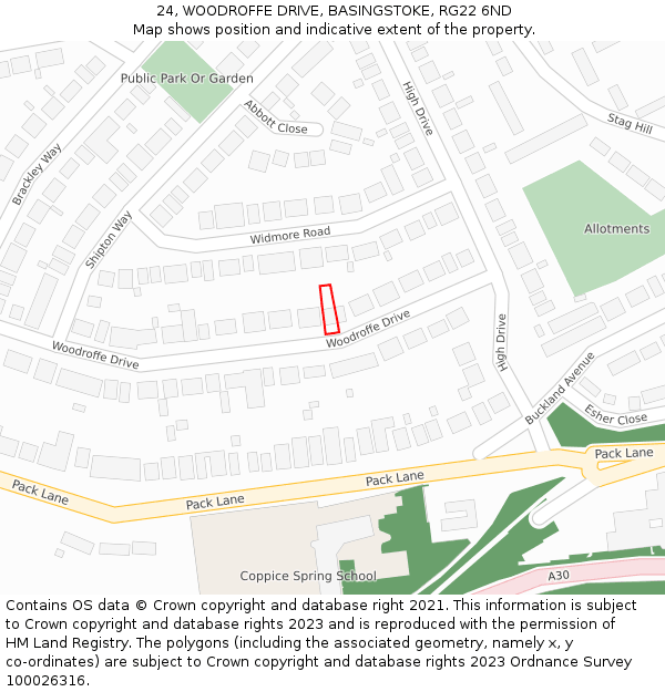 24, WOODROFFE DRIVE, BASINGSTOKE, RG22 6ND: Location map and indicative extent of plot