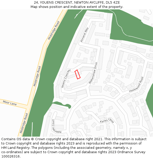 24, YOUENS CRESCENT, NEWTON AYCLIFFE, DL5 4ZE: Location map and indicative extent of plot