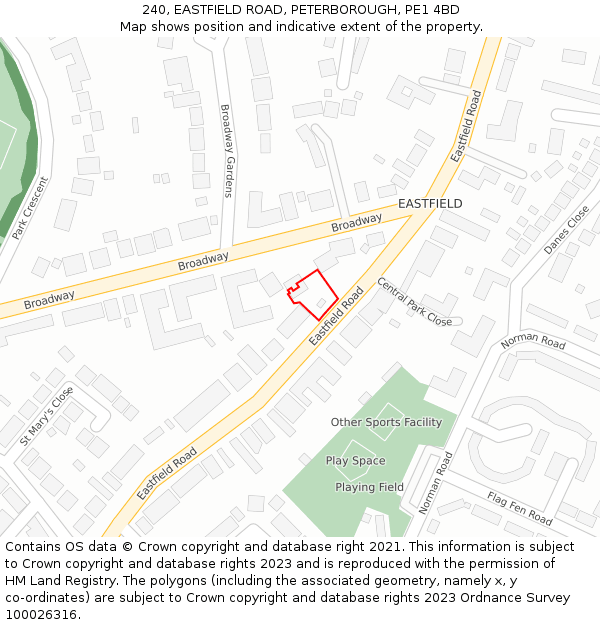 240, EASTFIELD ROAD, PETERBOROUGH, PE1 4BD: Location map and indicative extent of plot