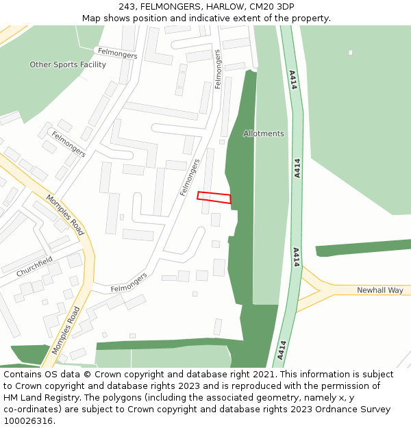 243, FELMONGERS, HARLOW, CM20 3DP: Location map and indicative extent of plot