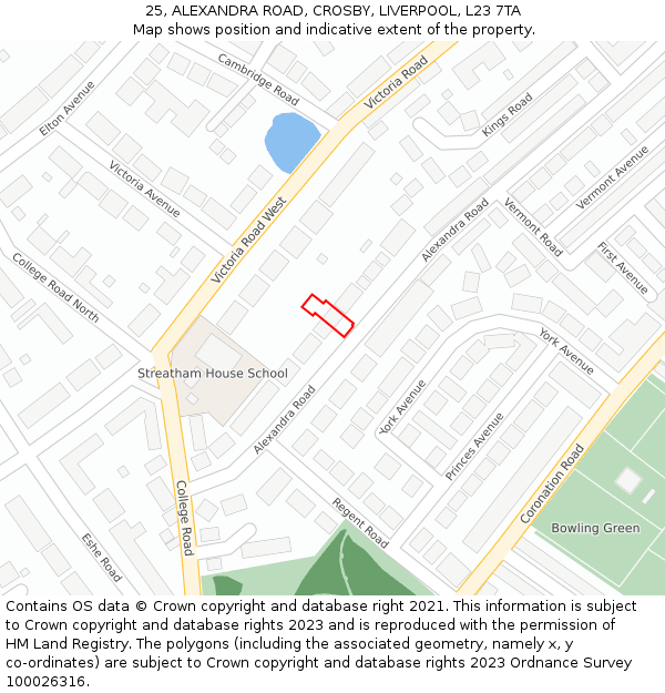 25, ALEXANDRA ROAD, CROSBY, LIVERPOOL, L23 7TA: Location map and indicative extent of plot