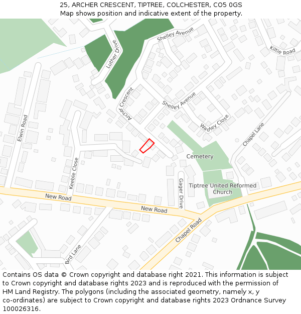 25, ARCHER CRESCENT, TIPTREE, COLCHESTER, CO5 0GS: Location map and indicative extent of plot