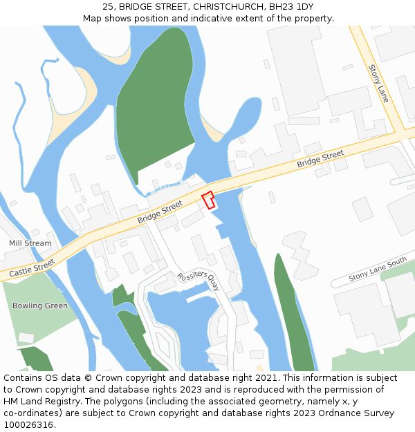 25, BRIDGE STREET, CHRISTCHURCH, BH23 1DY: Location map and indicative extent of plot