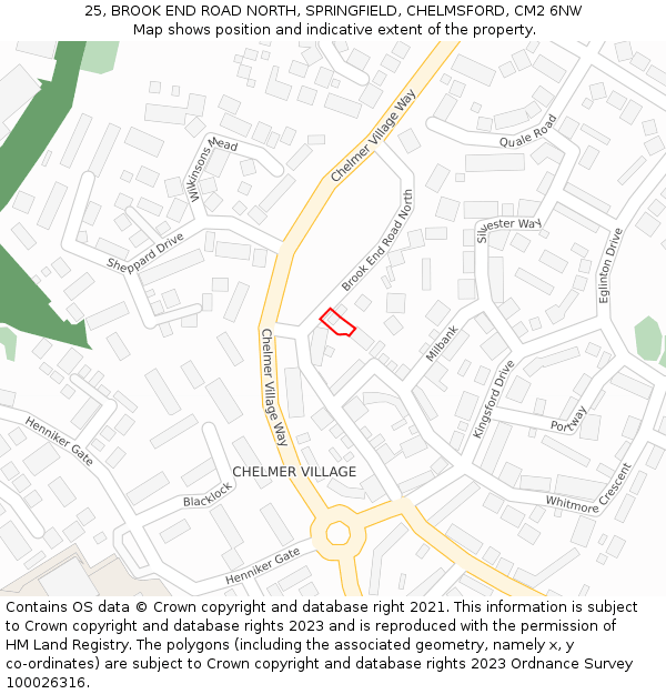 25, BROOK END ROAD NORTH, SPRINGFIELD, CHELMSFORD, CM2 6NW: Location map and indicative extent of plot