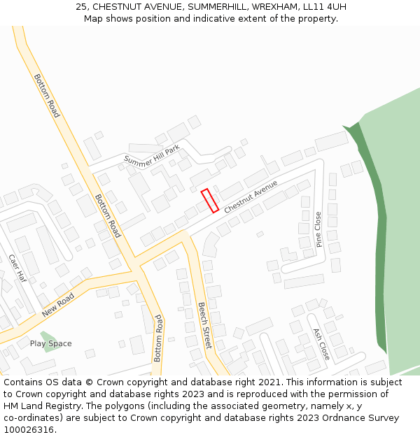 25, CHESTNUT AVENUE, SUMMERHILL, WREXHAM, LL11 4UH: Location map and indicative extent of plot