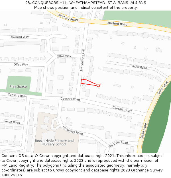 25, CONQUERORS HILL, WHEATHAMPSTEAD, ST ALBANS, AL4 8NS: Location map and indicative extent of plot