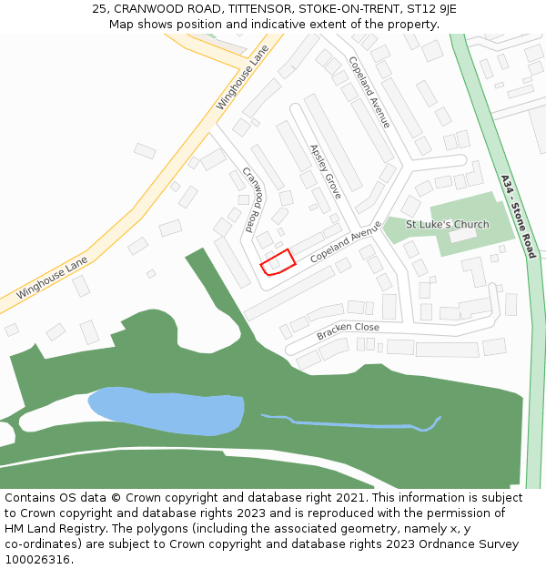 25, CRANWOOD ROAD, TITTENSOR, STOKE-ON-TRENT, ST12 9JE: Location map and indicative extent of plot