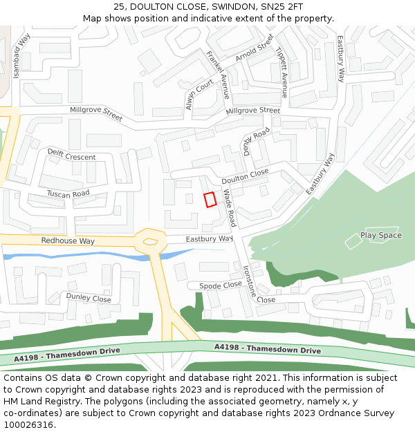 25, DOULTON CLOSE, SWINDON, SN25 2FT: Location map and indicative extent of plot