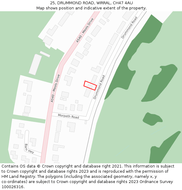 25, DRUMMOND ROAD, WIRRAL, CH47 4AU: Location map and indicative extent of plot