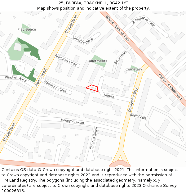 25, FAIRFAX, BRACKNELL, RG42 1YT: Location map and indicative extent of plot