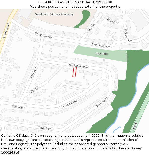 25, FAIRFIELD AVENUE, SANDBACH, CW11 4BP: Location map and indicative extent of plot