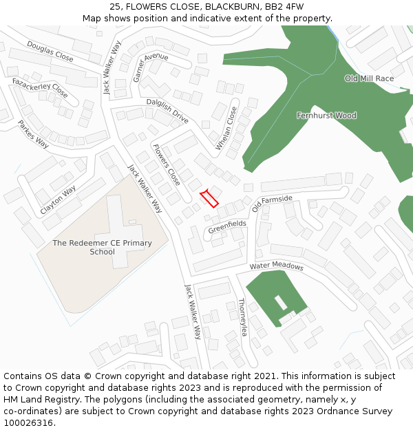 25, FLOWERS CLOSE, BLACKBURN, BB2 4FW: Location map and indicative extent of plot