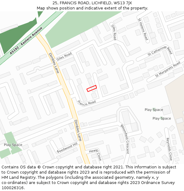 25, FRANCIS ROAD, LICHFIELD, WS13 7JX: Location map and indicative extent of plot