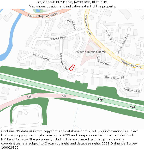 25, GREENFIELD DRIVE, IVYBRIDGE, PL21 0UG: Location map and indicative extent of plot