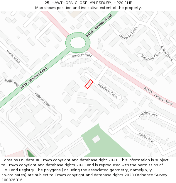 25, HAWTHORN CLOSE, AYLESBURY, HP20 1HP: Location map and indicative extent of plot