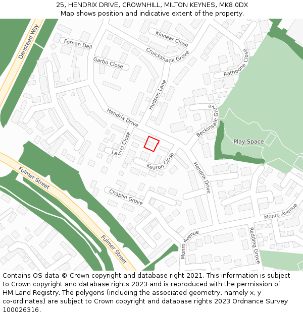 25, HENDRIX DRIVE, CROWNHILL, MILTON KEYNES, MK8 0DX: Location map and indicative extent of plot