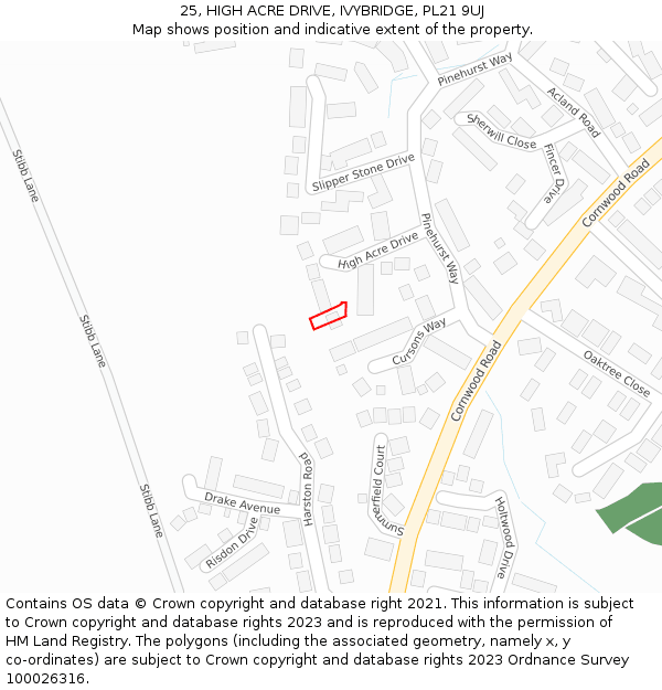 25, HIGH ACRE DRIVE, IVYBRIDGE, PL21 9UJ: Location map and indicative extent of plot