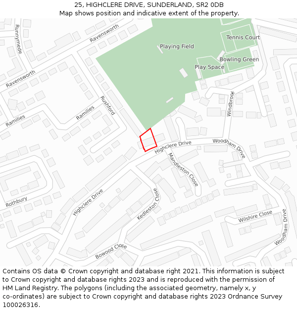 25, HIGHCLERE DRIVE, SUNDERLAND, SR2 0DB: Location map and indicative extent of plot