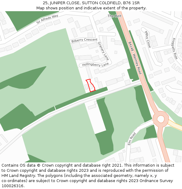 25, JUNIPER CLOSE, SUTTON COLDFIELD, B76 1SR: Location map and indicative extent of plot