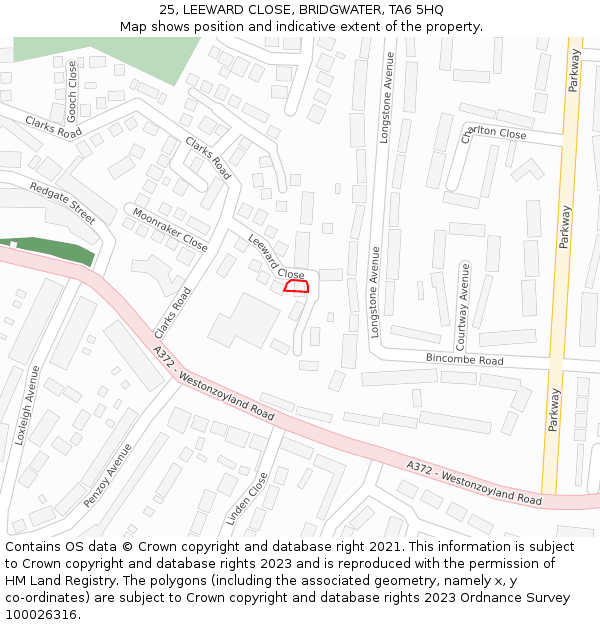 25, LEEWARD CLOSE, BRIDGWATER, TA6 5HQ: Location map and indicative extent of plot