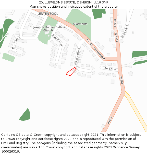 25, LLEWELYNS ESTATE, DENBIGH, LL16 3NR: Location map and indicative extent of plot