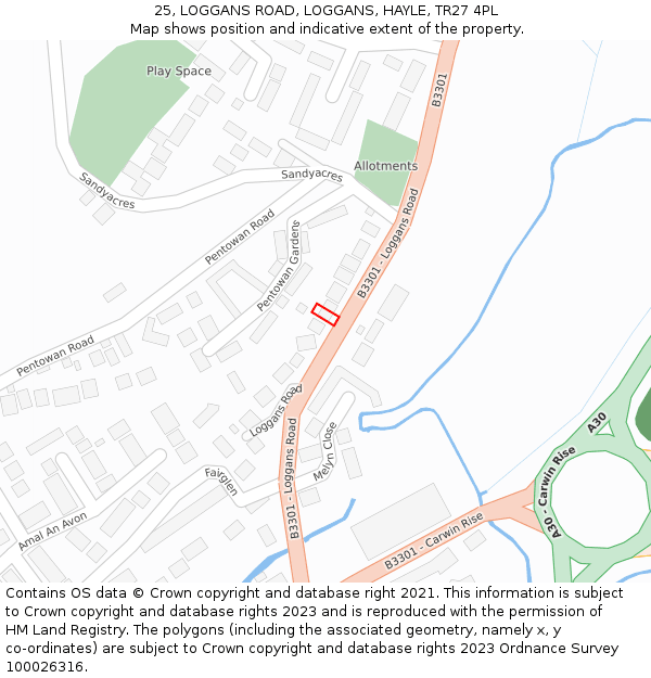 25, LOGGANS ROAD, LOGGANS, HAYLE, TR27 4PL: Location map and indicative extent of plot