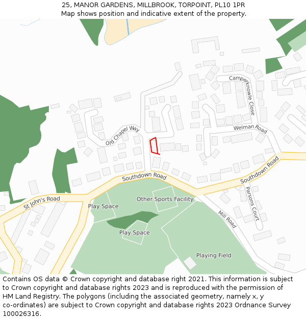 25, MANOR GARDENS, MILLBROOK, TORPOINT, PL10 1PR: Location map and indicative extent of plot