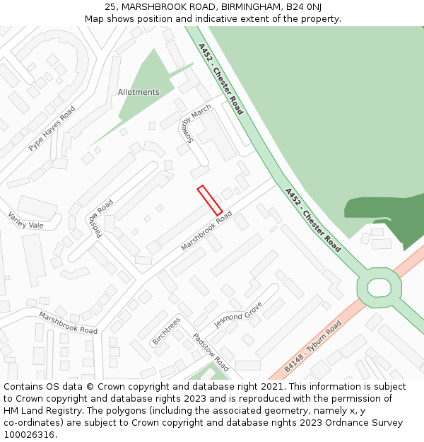 25, MARSHBROOK ROAD, BIRMINGHAM, B24 0NJ: Location map and indicative extent of plot