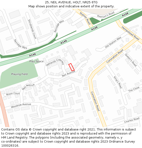 25, NEIL AVENUE, HOLT, NR25 6TG: Location map and indicative extent of plot