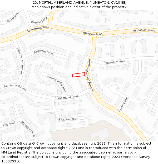 25, NORTHUMBERLAND AVENUE, NUNEATON, CV10 8EJ: Location map and indicative extent of plot