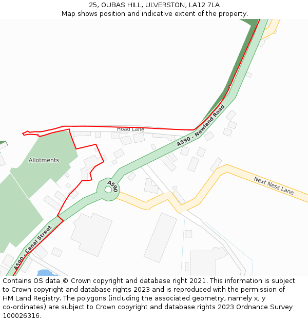 25, OUBAS HILL, ULVERSTON, LA12 7LA: Location map and indicative extent of plot
