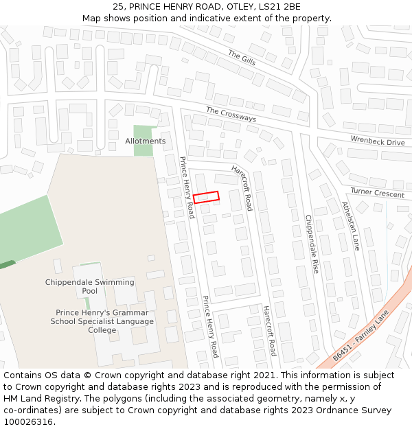 25, PRINCE HENRY ROAD, OTLEY, LS21 2BE: Location map and indicative extent of plot