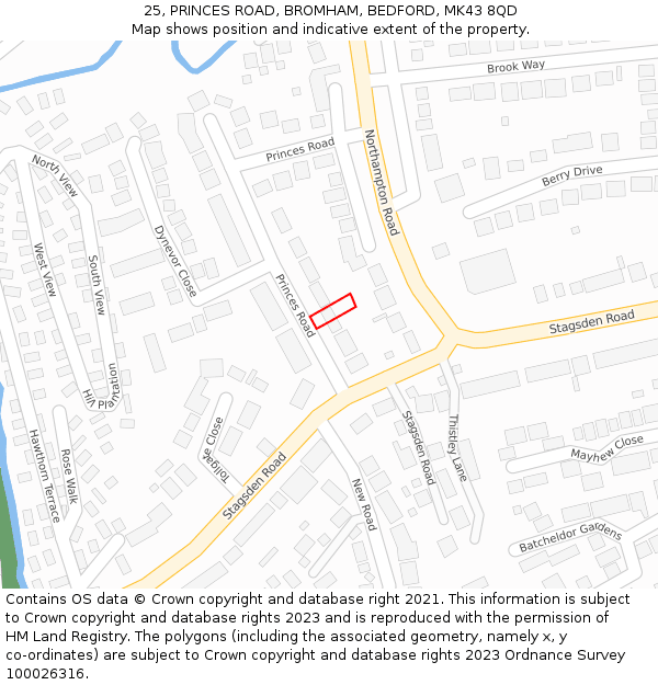 25, PRINCES ROAD, BROMHAM, BEDFORD, MK43 8QD: Location map and indicative extent of plot