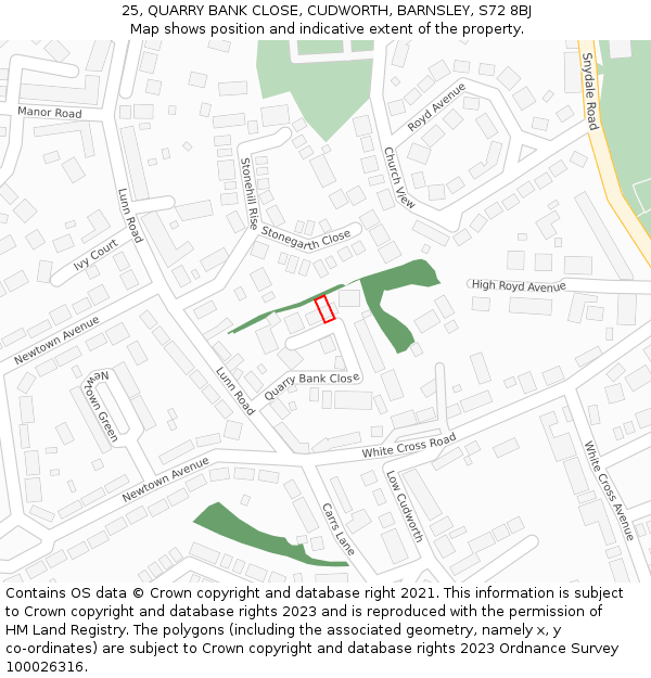 25, QUARRY BANK CLOSE, CUDWORTH, BARNSLEY, S72 8BJ: Location map and indicative extent of plot