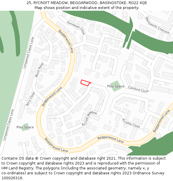 25, RYCROFT MEADOW, BEGGARWOOD, BASINGSTOKE, RG22 4QE: Location map and indicative extent of plot