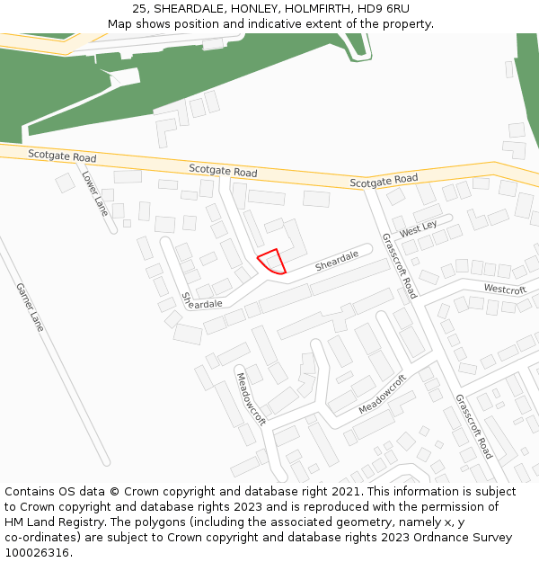 25, SHEARDALE, HONLEY, HOLMFIRTH, HD9 6RU: Location map and indicative extent of plot