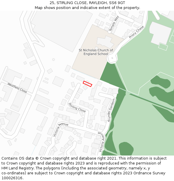 25, STIRLING CLOSE, RAYLEIGH, SS6 9GT: Location map and indicative extent of plot
