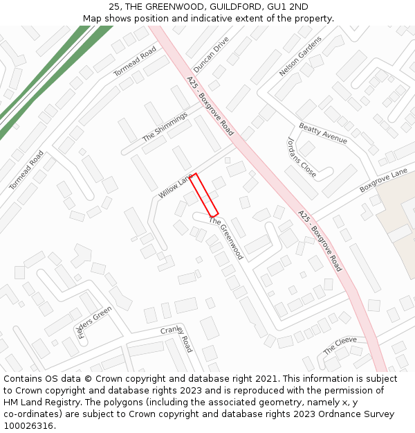 25, THE GREENWOOD, GUILDFORD, GU1 2ND: Location map and indicative extent of plot