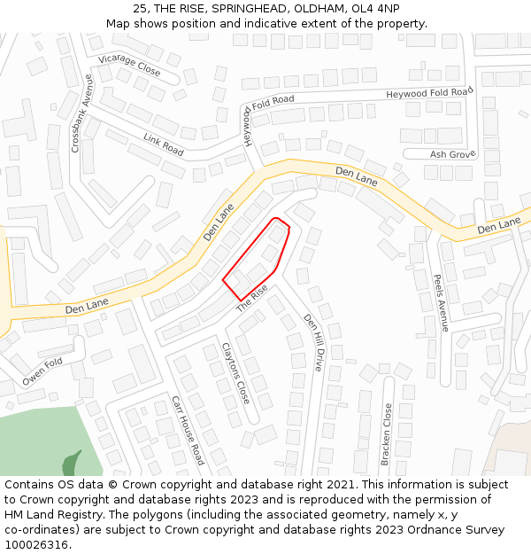 25, THE RISE, SPRINGHEAD, OLDHAM, OL4 4NP: Location map and indicative extent of plot
